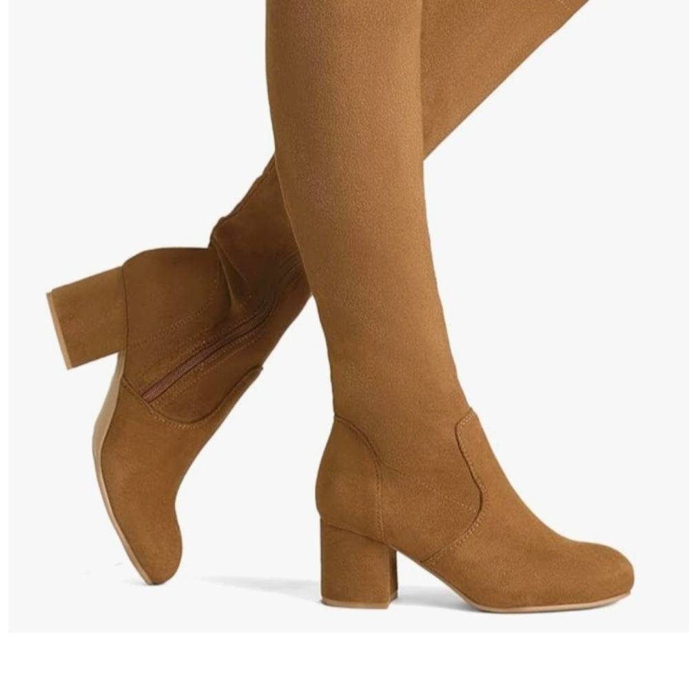 Faux Suede Brown Knee Boots Block Heel zipper Boots Women 7 1/2 calf 12.5"